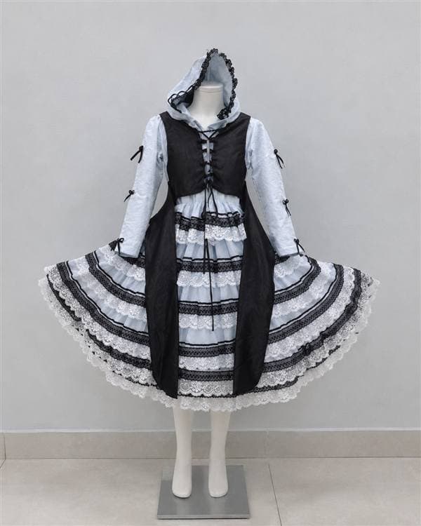 Dama antigua azul claro y negro (corsé de cordones y capucha) o vestido de fiesta