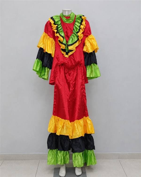 Traje de carnaval rojo con boleros amarillo, negro y verde