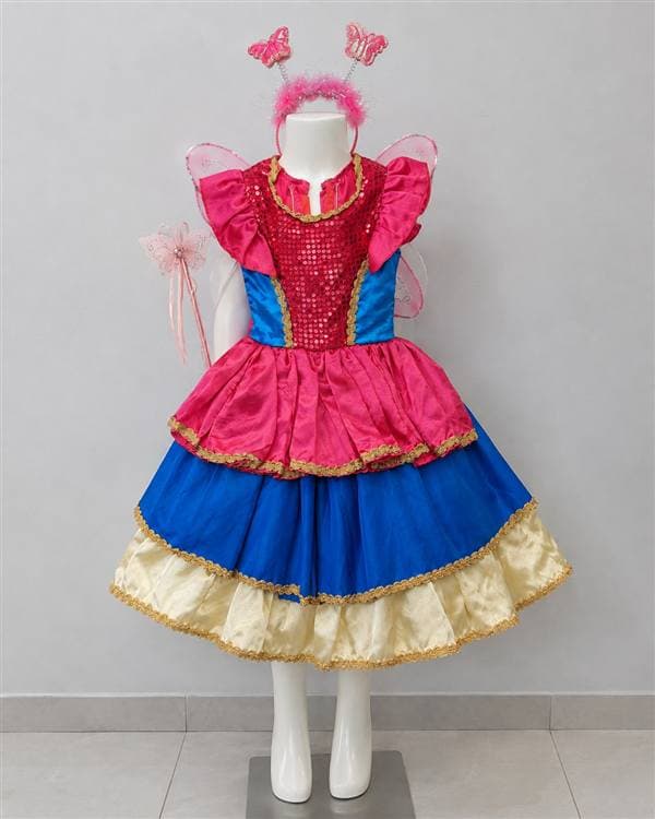Princesa mariposa (fucsia y azul, con alas, diadema y varita)