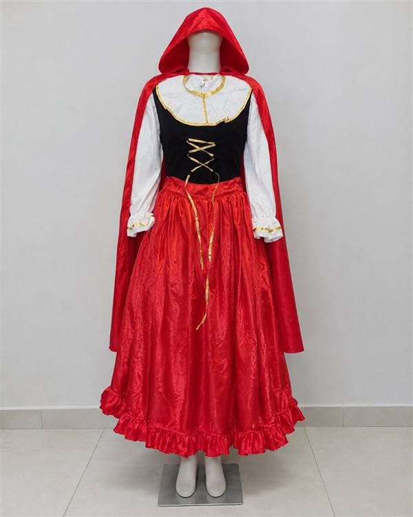 Caperucita Roja niña (falda roja, corsé negro, capa)